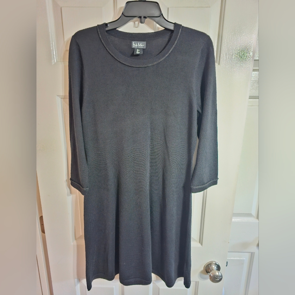 Nicole Miller New York Women L Black Merino Wool Knit Dress 3/4 Sleeve Quiet Lux - Picture 2 of 7